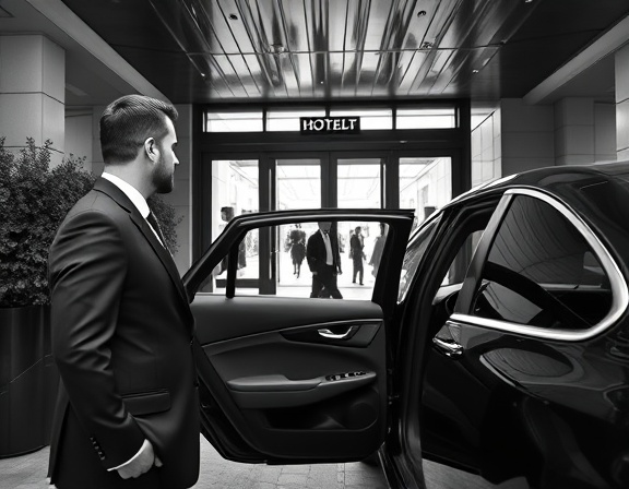 exclusive private chauffeur, professional demeanor, opening car door, photorealistic, upscale hotel entrance with valet services, highly detailed, guests arriving and departing, 70mm lens, classic black and white, midday sun, shot with a prime lens
