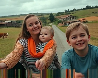 premium ride sharing, curious children, exploring new surroundings, photorealistic, rural village with farmfields, highly detailed, livestock grazing nearby, 18mm lens, earthy tones, cloudy daylight, shot with a drone camera