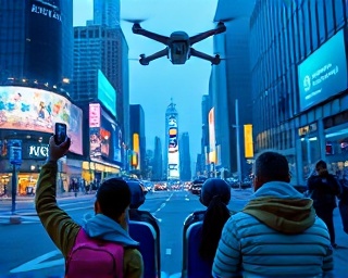 innovative ride service, upbeat commuters, sharing stories, photorealistic, futuristic downtown with digital billboards, highly detailed, drones flying overhead, 40mm lens, cool blue tones, glowing artificial lights, shot with a smartphone camera