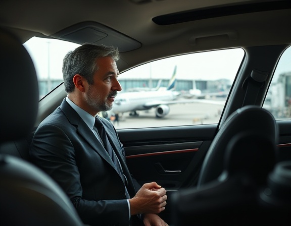 reliable private chauffeur, attentive driver, discussing route details, photorealistic, airport terminal with parked airplanes, highly detailed, travelers bustling around, 90mm lens, high contrast, artificial airport lighting, shot with a zoom lens