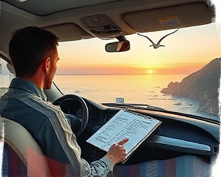 privileged private transportation, thoughtful artist, sketching in sketchbook, photorealistic, coastal road with ocean view, highly detailed, seagulls soaring above, 28mm lens, sunset orange and pink, gentle natural lighting, shot with a wide-angle lens